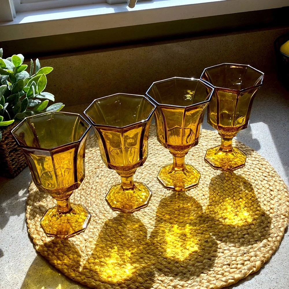 (4) Vintage Amber Octagonal Glasses by Independence